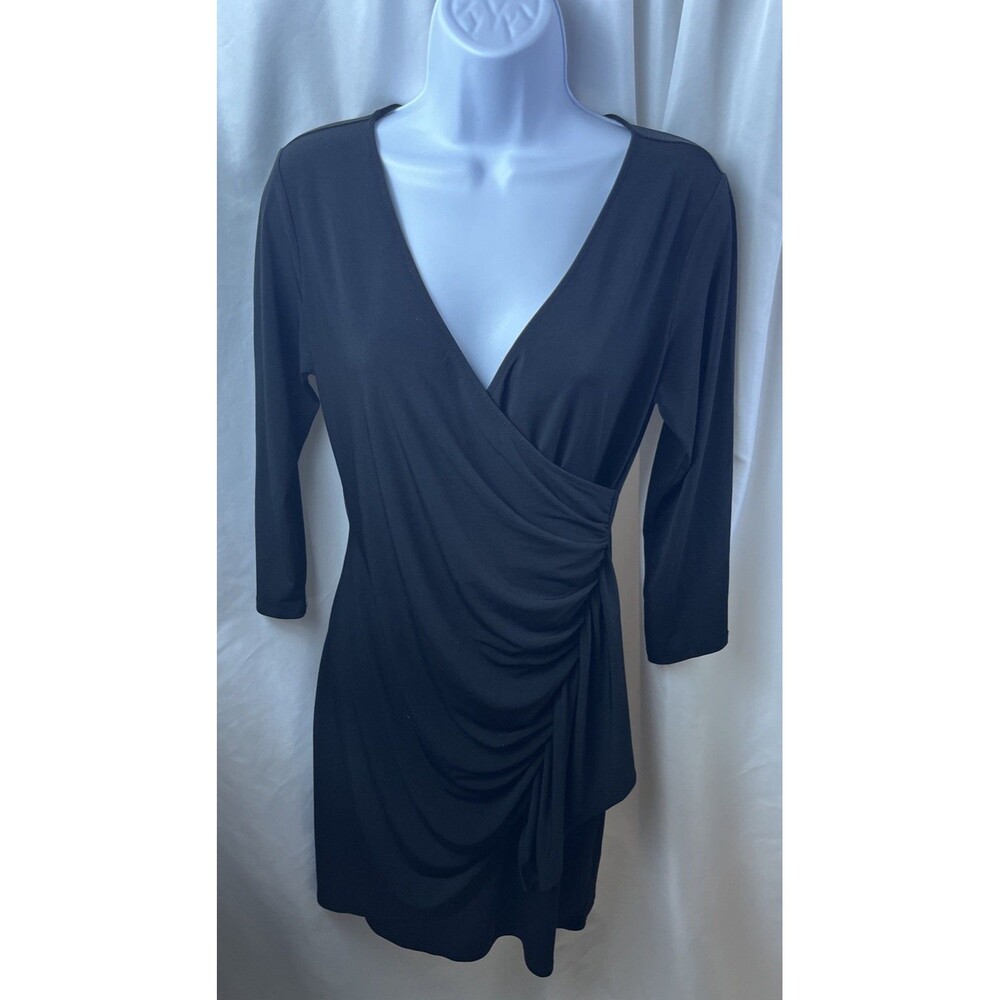 New York & Company Women’s Classic Black Faux Wrap Dress Size S Sleek Draped